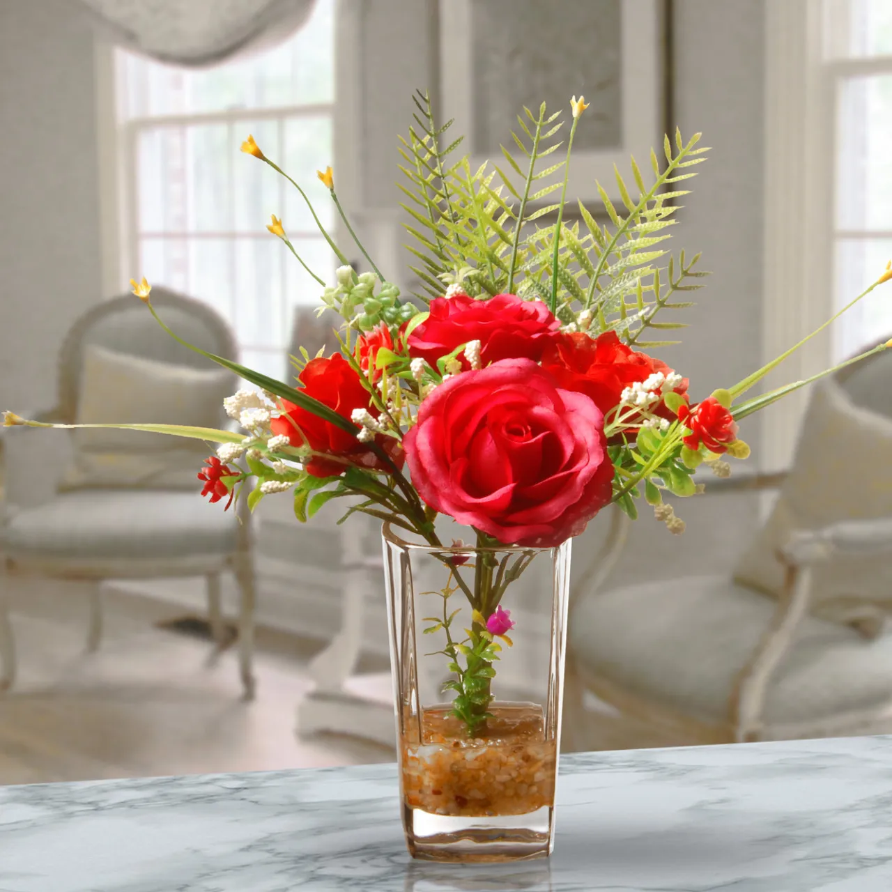 Discount National Tree Company 12 in. Spring Red Roses Flower Bouquet in Glass Vase with Leafy Greens