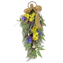 Hot National Tree Company 26 in. Spring Teardrop Wall Hanging Decoration with Pansy Blooms, Lavender, Assorted Blossoms, Flowing Green Stems