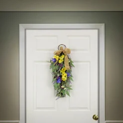 Hot National Tree Company 26 in. Spring Teardrop Wall Hanging Decoration with Pansy Blooms, Lavender, Assorted Blossoms, Flowing Green Stems