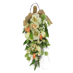 Discount National Tree Company 26 in. Spring Teardrop Wall Hanging Decoration with Tulip Blooms, Poppies, Buttercup Blossoms, Flowing Green Stems