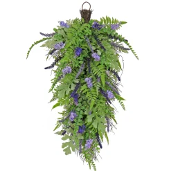 New National Tree Company 30 in. Spring Teardrop Wall Hanging Decoration with Astilbe Flower Blooms, Ferns, Leafy Greens