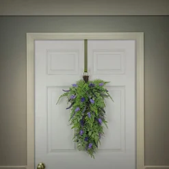 New National Tree Company 30 in. Spring Teardrop Wall Hanging Decoration with Astilbe Flower Blooms, Ferns, Leafy Greens