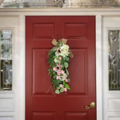 Outlet National Tree Company 26 in. Spring Teardrop Wall Hanging Decoration with Hydrangea and Tulip Blooms, Eucalyptus Leaves, Flowing Green Stems