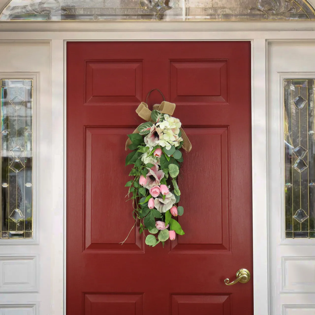 Outlet National Tree Company 26 in. Spring Teardrop Wall Hanging Decoration with Hydrangea and Tulip Blooms, Eucalyptus Leaves, Flowing Green Stems