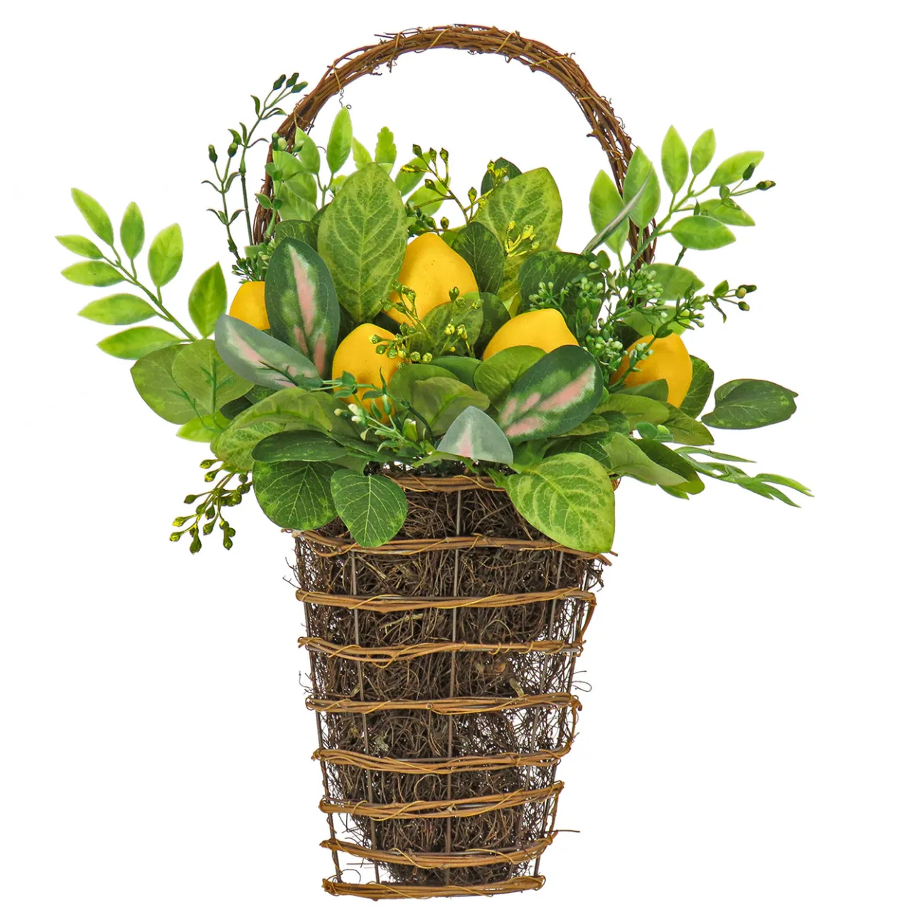New National Tree Company 21 in. Spring Wall Hanging Basket with Lemons, Seed Pods, Leafy Greens