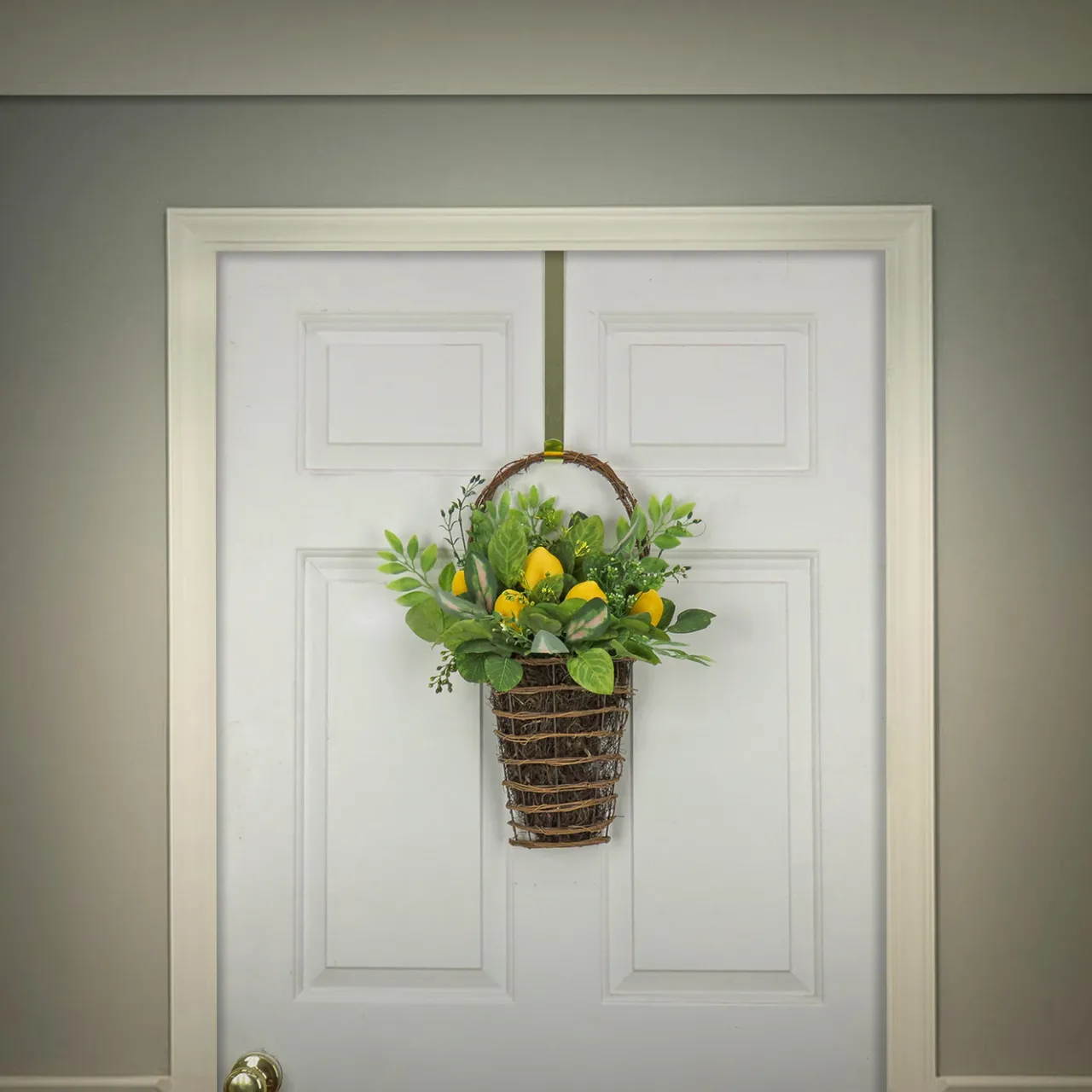 New National Tree Company 21 in. Spring Wall Hanging Basket with Lemons, Seed Pods, Leafy Greens