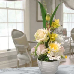 Outlet National Tree Company 17 in. Spring White Daises and Roses Flower Pot with Leafy Greens