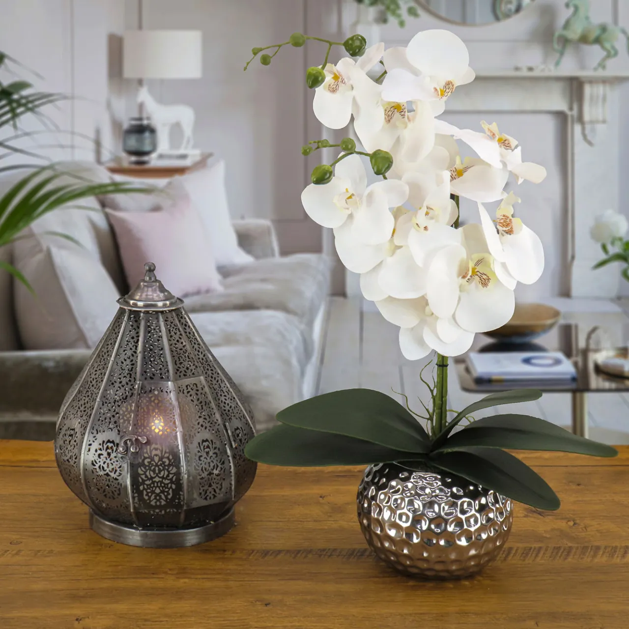 Hot National Tree Company 21 in. Spring White Orchid in Silver Smooth Ceramic Pot