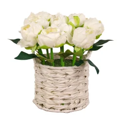 Discount National Tree Company 10 in. Spring White Peony Flower Bouquet in White Basket