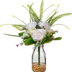 Discount National Tree Company 12 in. Spring White Roses Flower Bouquet in Glass Vase with Leafy Greens