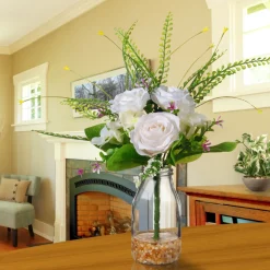 Discount National Tree Company 12 in. Spring White Roses Flower Bouquet in Glass Vase with Leafy Greens