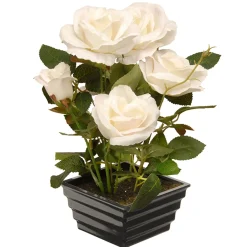 National Tree Company 11 in. Spring White Roses Flower Potted Plant in a Black Base