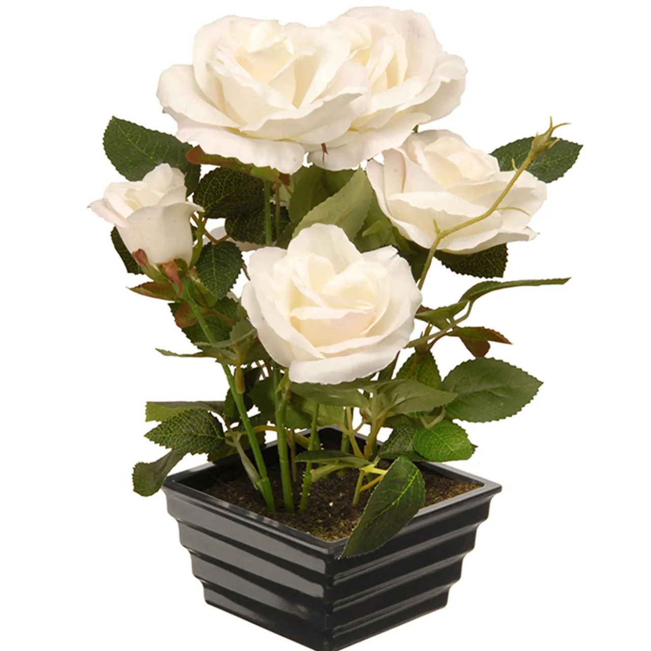 National Tree Company 11 in. Spring White Roses Flower Potted Plant in a Black Base