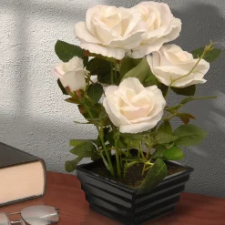 National Tree Company 11 in. Spring White Roses Flower Potted Plant in a Black Base