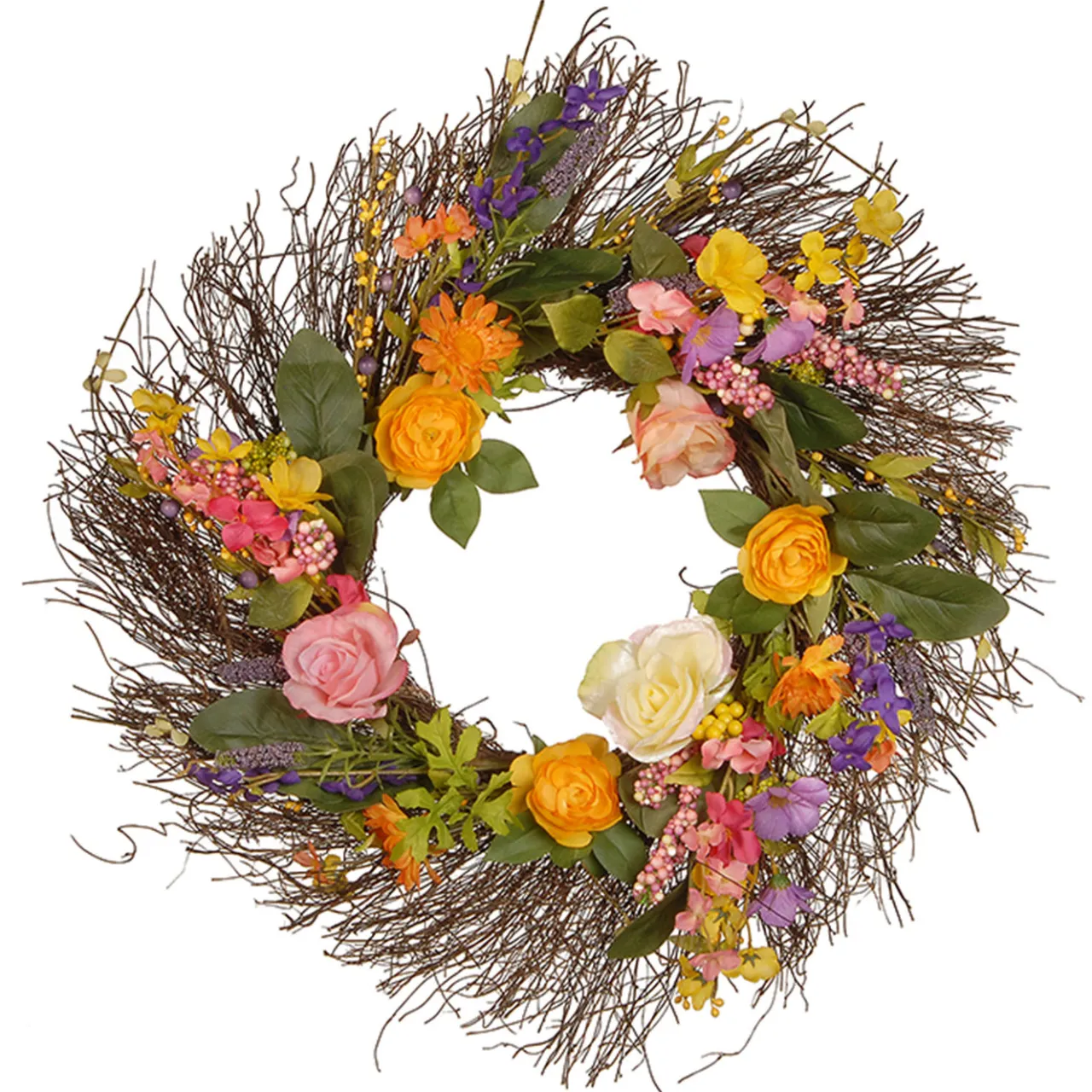 Discount National Tree Company 24 in. Spring Wildflower Wreath with Flower Blooms, Berry Clusters, Leaves
