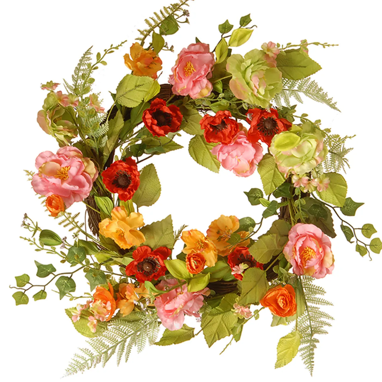 Hot National Tree Company 22 in. Spring Wreath with Assorted Flowers, Fern Fronds, and Leafy Greens