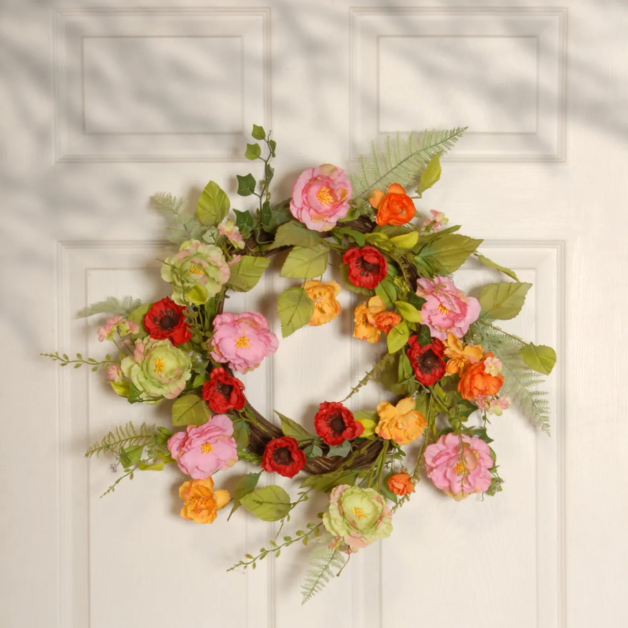 Hot National Tree Company 22 in. Spring Wreath with Assorted Flowers, Fern Fronds, and Leafy Greens