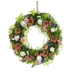 New National Tree Company 18 in. Spring Wreath with Assorted Flower Blooms, Roses, Seed Pods, Flowing Green Stems
