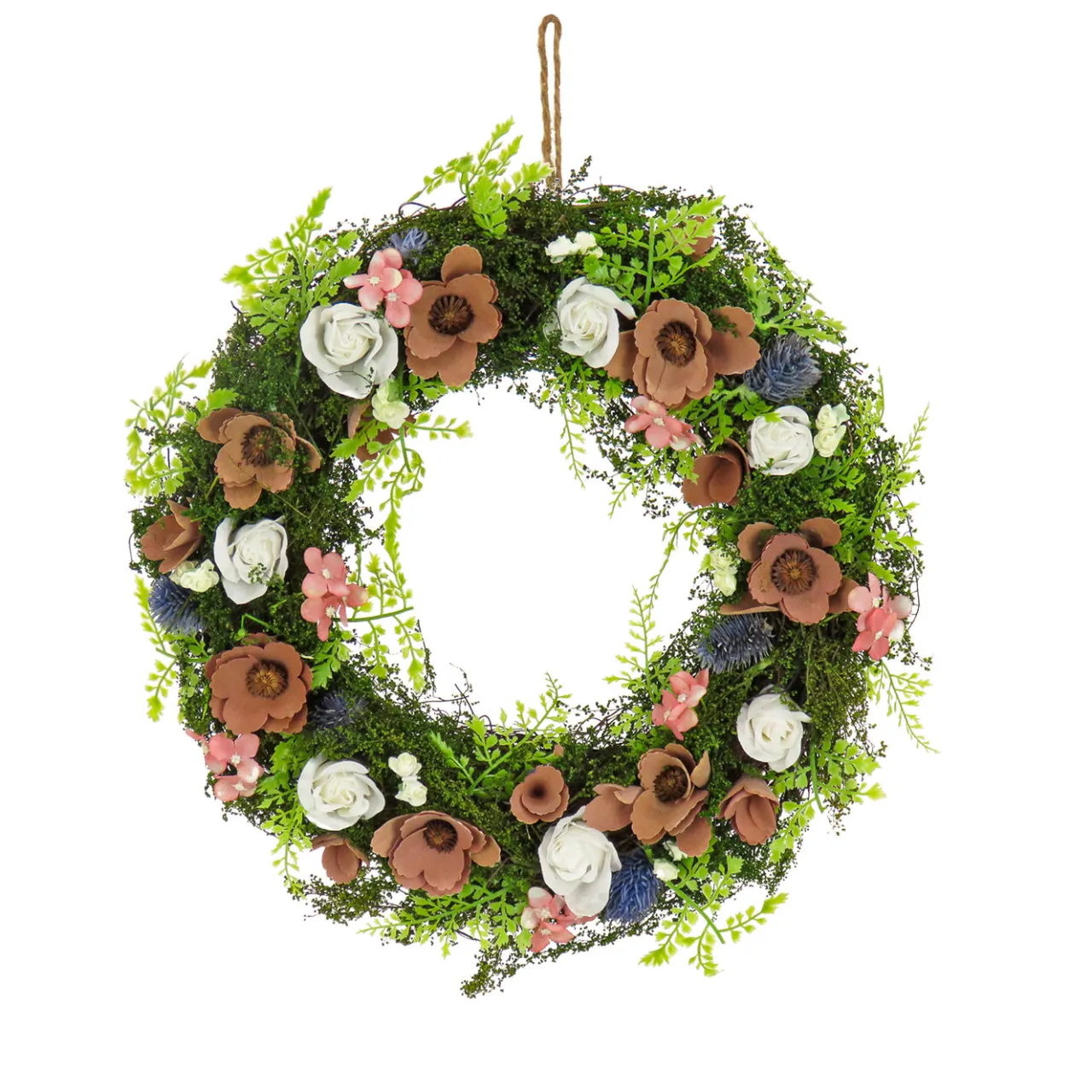 New National Tree Company 18 in. Spring Wreath with Assorted Flower Blooms, Roses, Seed Pods, Flowing Green Stems