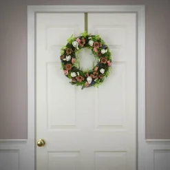 New National Tree Company 18 in. Spring Wreath with Assorted Flower Blooms, Roses, Seed Pods, Flowing Green Stems