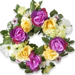 National Tree Company 18 in. Spring Wreath with Colorful Daisies, Hydrangeas, Roses, Leafy Greens