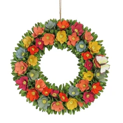 National Tree Company 20 in. Spring Wreath with Colorful Assorted Wood Cut Flowers, Flowing Green Leaves