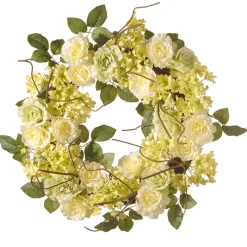 Online National Tree Company 20 in. Spring Wreath with Cream Rose Blooms, Branches, Leafy Greens