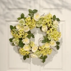 Online National Tree Company 20 in. Spring Wreath with Cream Rose Blooms, Branches, Leafy Greens