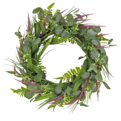 Discount National Tree Company 22 in. Spring Wreath with Eucalyptus Leaves, Lavender, Flowing Green Stems