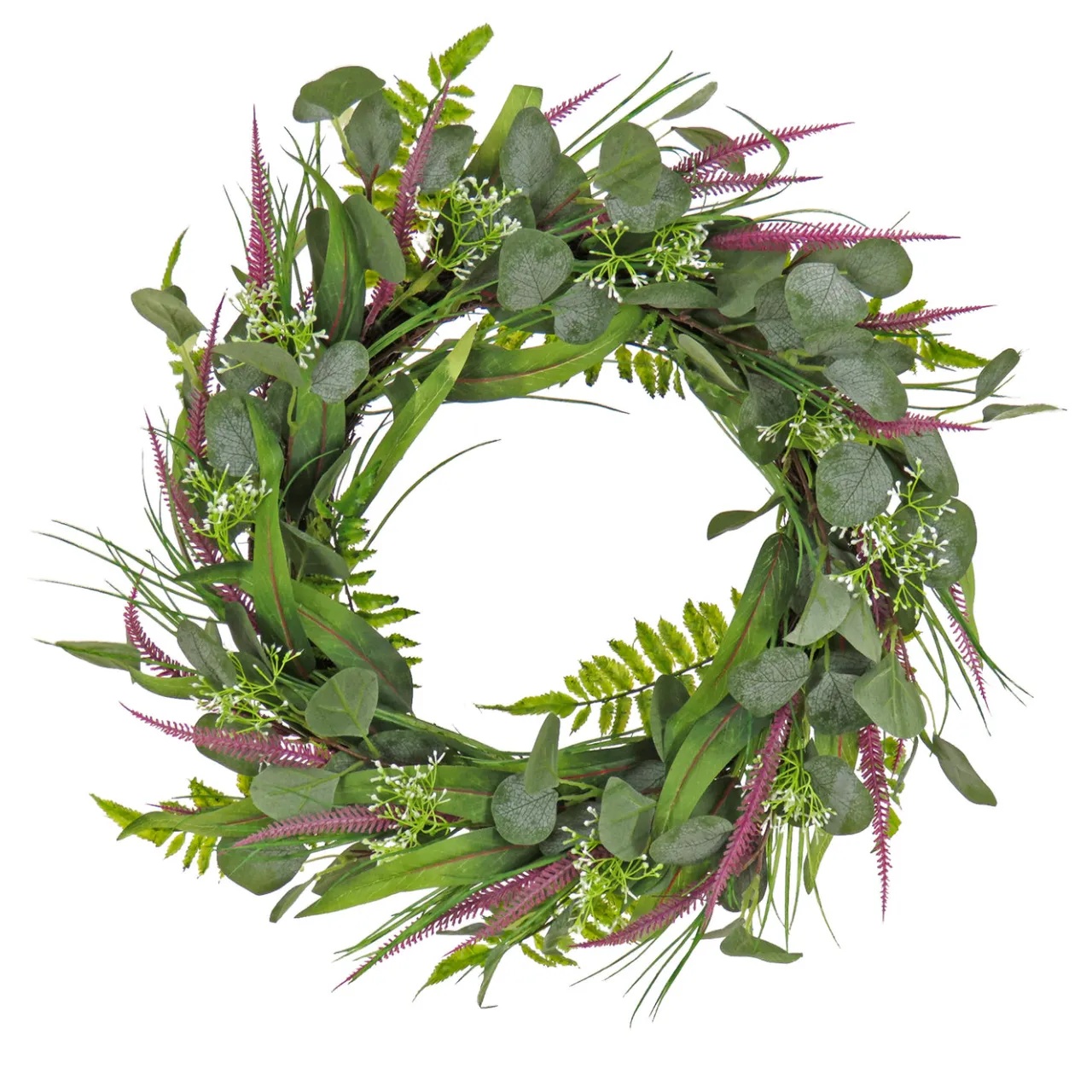Discount National Tree Company 22 in. Spring Wreath with Eucalyptus Leaves, Lavender, Flowing Green Stems