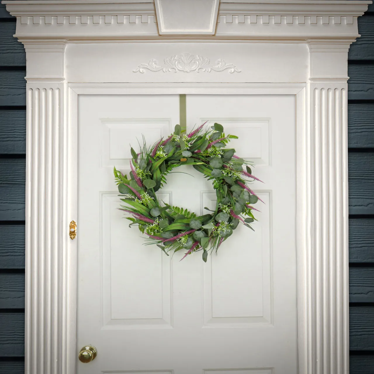 Discount National Tree Company 22 in. Spring Wreath with Eucalyptus Leaves, Lavender, Flowing Green Stems