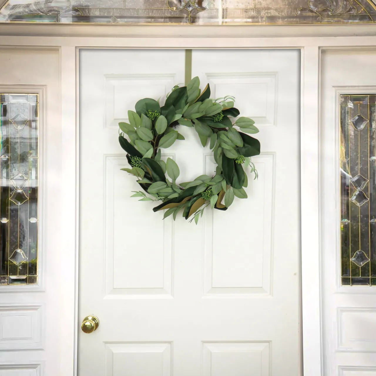 Sale National Tree Company 22 in. Spring Wreath with Eucalyptus Leaves, Magnolia Blooms, Flowing Green Stems