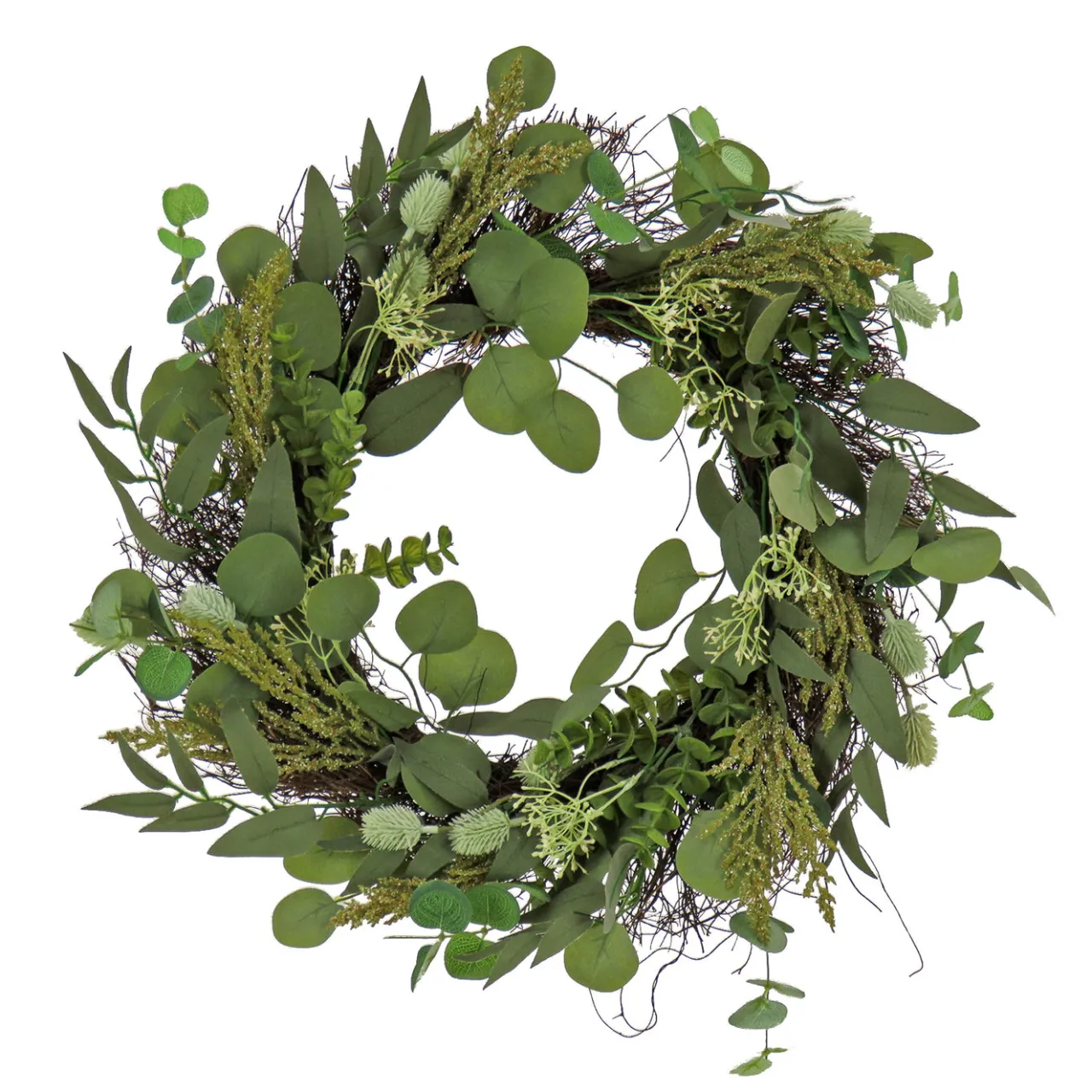 Outlet National Tree Company 22 in. Spring Wreath with Eucalyptus Leaves, Baby's Breath, Flowing Green Stems