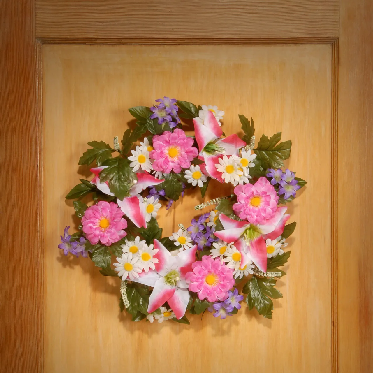 Discount National Tree Company 18 in. Spring Wreath with Multicolor Daisy and Tiger Lily Blooms, Leafy Greens, Berry Clusters