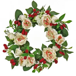 Clearance National Tree Company 22 in. Spring Wreath with Peony Flowers, Raspberries, and Leafy Greens