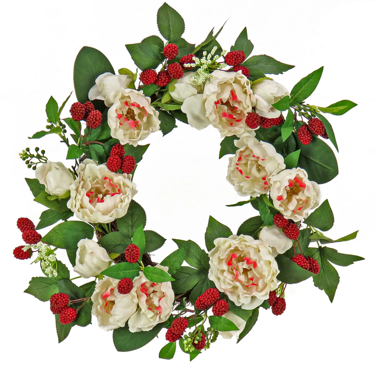 Clearance National Tree Company 22 in. Spring Wreath with Peony Flowers, Raspberries, and Leafy Greens