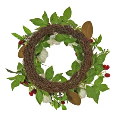 Clearance National Tree Company 22 in. Spring Wreath with Peony Flowers, Raspberries, and Leafy Greens