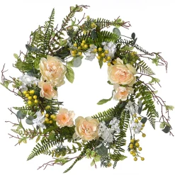 Discount National Tree Company 20 in. Spring Wreath with Pink and White Flower Blooms, Yellow Berry Clusters, Fern Fronds