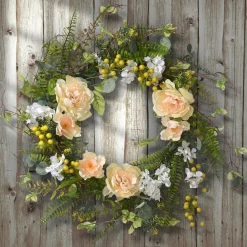 Discount National Tree Company 20 in. Spring Wreath with Pink and White Flower Blooms, Yellow Berry Clusters, Fern Fronds