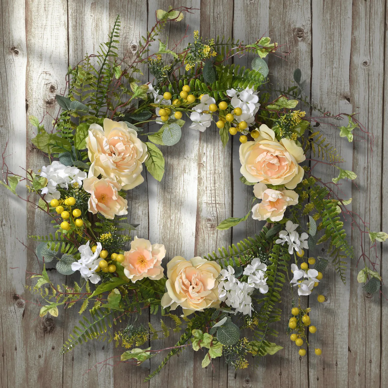 Discount National Tree Company 20 in. Spring Wreath with Pink and White Flower Blooms, Yellow Berry Clusters, Fern Fronds