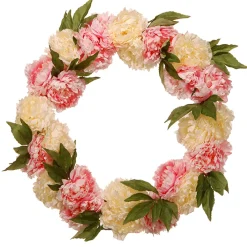 Best National Tree Company 24 in. Spring Wreath with Pink and White Peony Blooms, Leafy Greens