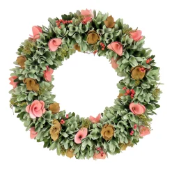 Online National Tree Company 18 in. Spring Wreath with Pink and Brown Assorted Wood Cut Flowers, Flowing Green Leaves