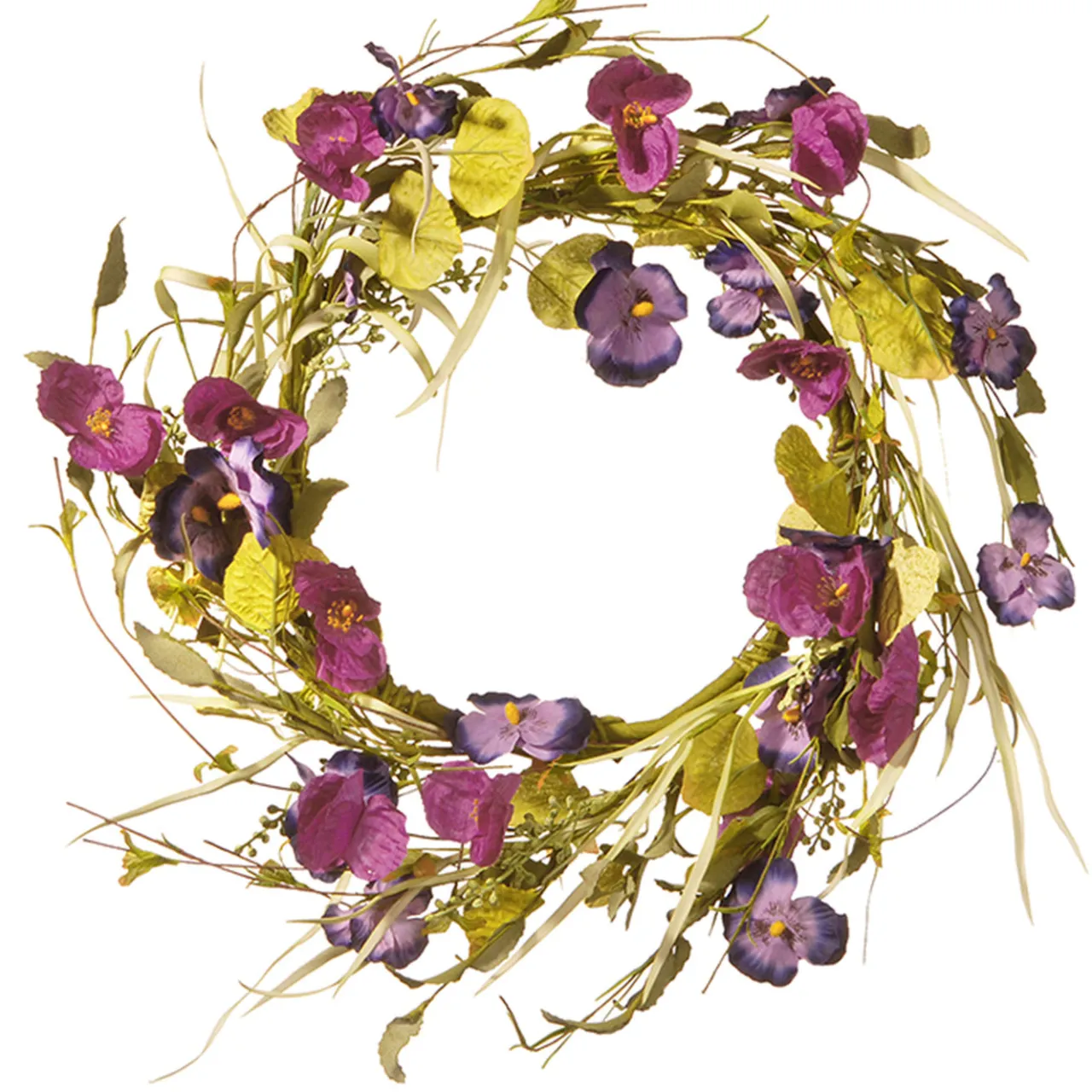 Hot National Tree Company 22 in. Spring Wreath with Purple Pansy and Poppy Flowers, Seed Pods, Leafy Greens