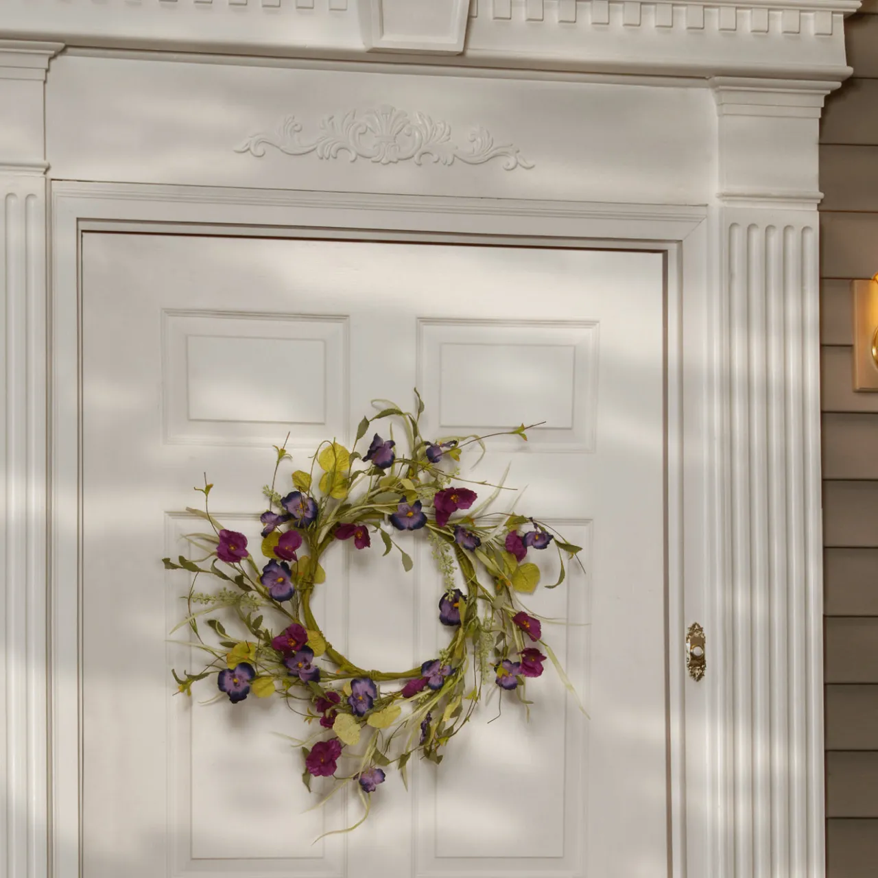 Hot National Tree Company 22 in. Spring Wreath with Purple Pansy and Poppy Flowers, Seed Pods, Leafy Greens