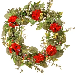 Clearance National Tree Company 32 in. Spring Wreath with Red Flower Blooms, Flowing Green Stems