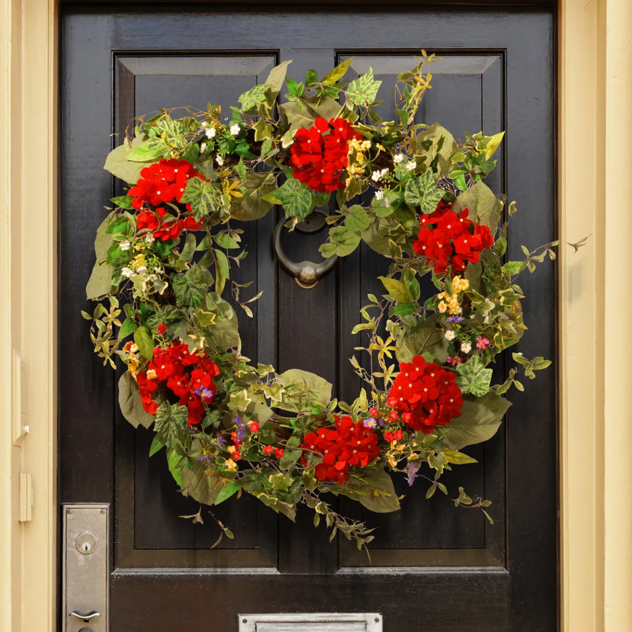 Clearance National Tree Company 32 in. Spring Wreath with Red Flower Blooms, Flowing Green Stems