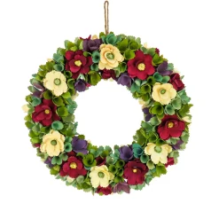 Outlet National Tree Company 18 in. Spring Wreath with Red and Cream Assorted Wood Cut Flowers, Flowing Green Leaves