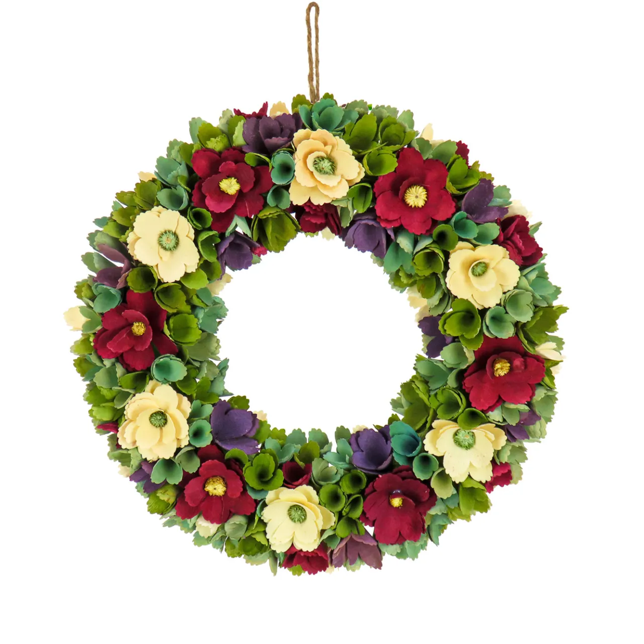 Outlet National Tree Company 18 in. Spring Wreath with Red and Cream Assorted Wood Cut Flowers, Flowing Green Leaves