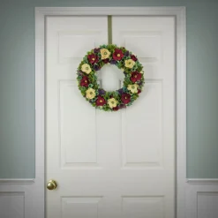 Outlet National Tree Company 18 in. Spring Wreath with Red and Cream Assorted Wood Cut Flowers, Flowing Green Leaves