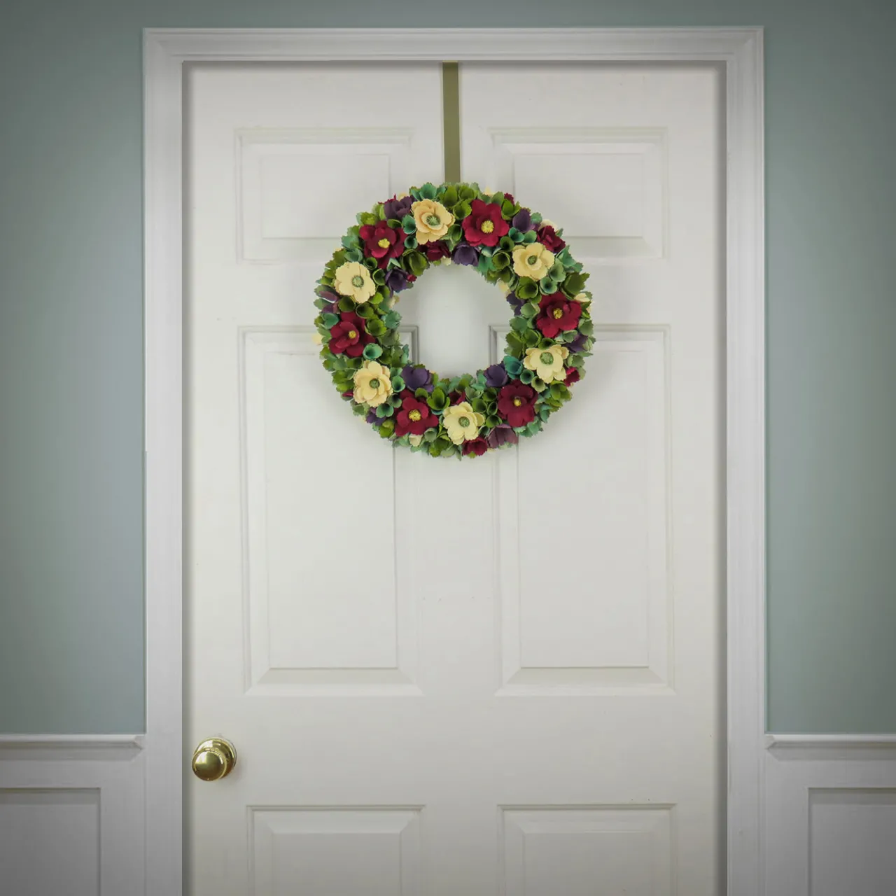 Outlet National Tree Company 18 in. Spring Wreath with Red and Cream Assorted Wood Cut Flowers, Flowing Green Leaves